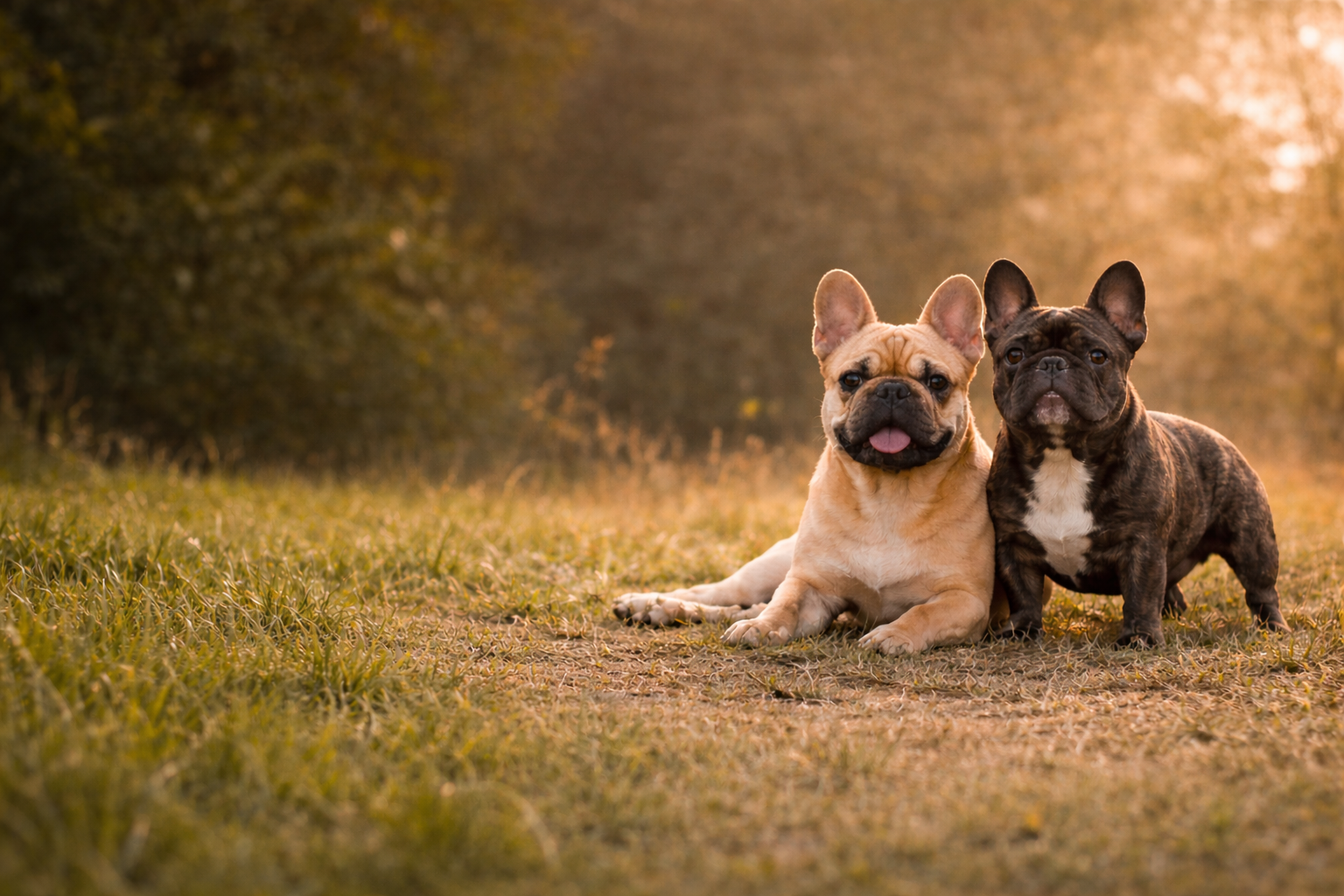 Two French Bulldogs in a grassy field